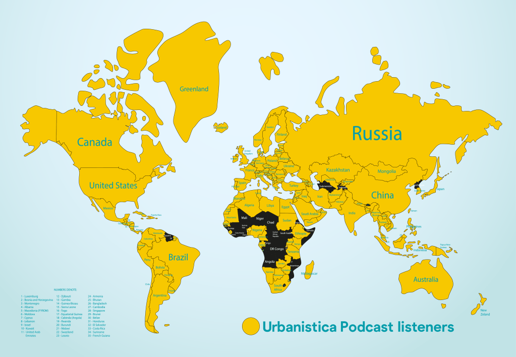 Urbanistica has listeners in 146 countries. See the image below.